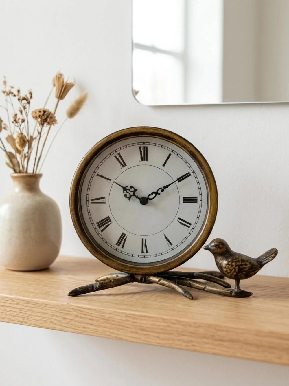 Rustic Bronze Finish Bird on Branch Analog Table Clock Decorative Home Decor